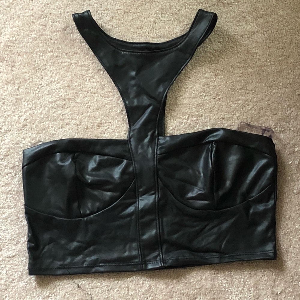 Black, bandeu faux-leather crop top